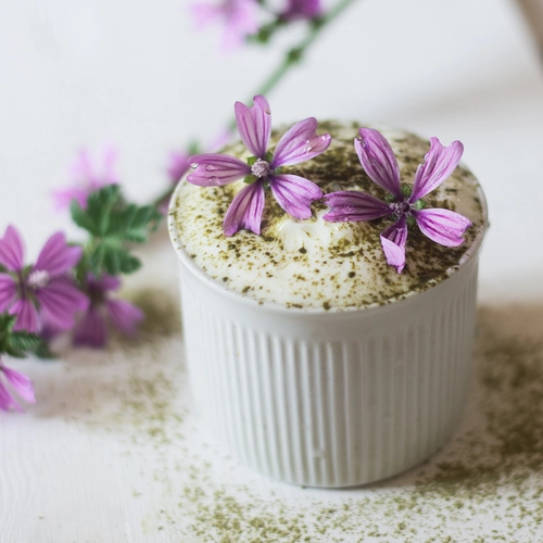 Vegan yoghurt with macha tea and mallow flowers for a super tasty breakfast