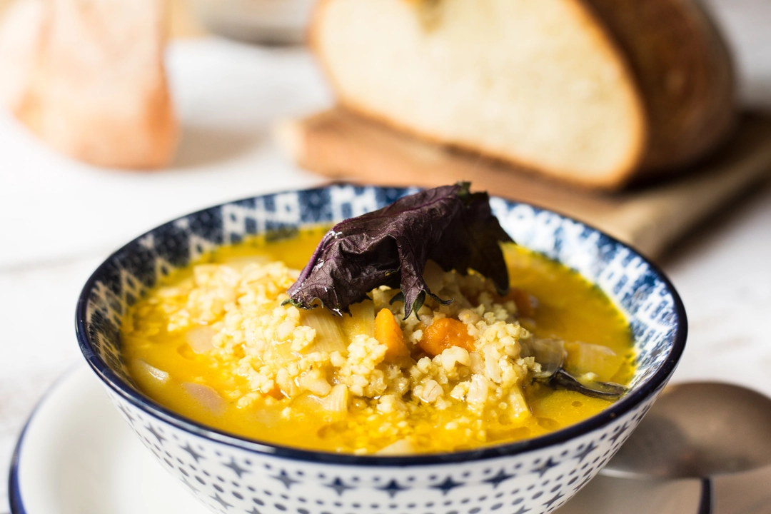Recipe:  Pumpkin and leek soup, with millet, barley and shiso