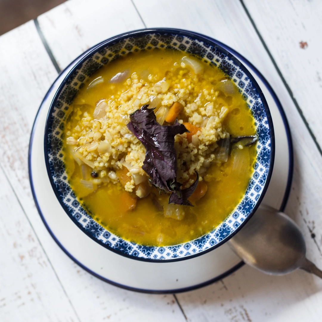 Recipe:  Pumpkin and leek soup, with millet, barley and shiso - 1